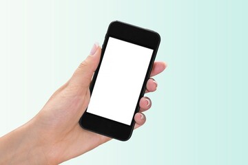 Hand holding Phone the black smartphone with blank screen for Infographic Global Business design