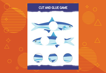Cut and glue game for kids with fish. Cutting practice for preschoolers. Education worksheet.
