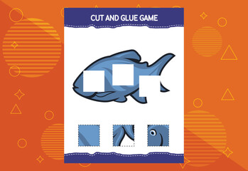 Cut and glue game for kids with fish. Cutting practice for preschoolers. Education worksheet.