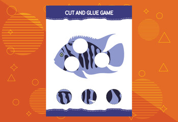 Cut and glue game for kids with fish. Cutting practice for preschoolers. Education worksheet.