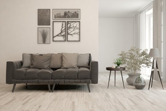 White living room with black sofa. Scandinavian interior design. 3D illustration