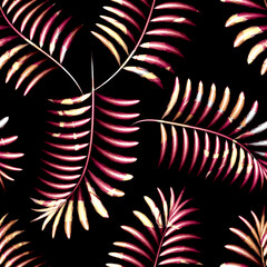 colorful palm leaves seamless pattern on dark background. pink fern leaf pattern with watercolor style. branch foliage pattern on night. nature decorative. tropical background. vector design. Summer  