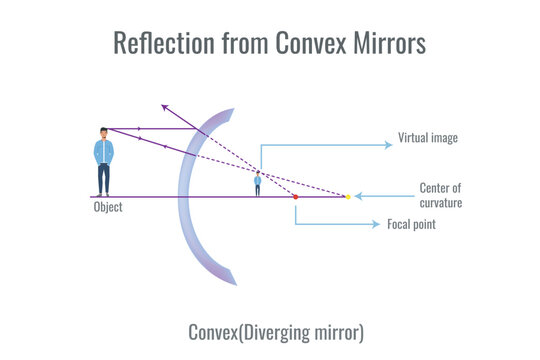 Reflection of light on convex mirror. Illustration showing ray diagrams diverging mirror