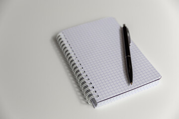 Notepad and pen close-up on the table surface.