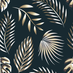 gold luxury tropical foliage seamless wallpaper pattern on pastel background. nature leaves ornament seamless pattern. monstera fern leaf elements. nature background. interior decoration. summer 