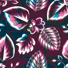 vintage maroon color style tropical plants leaves seamless pattern with blue pink flower and foliage on abstract background. Floral background. Exotic tropic. Summer design. nature wallpaper. vector