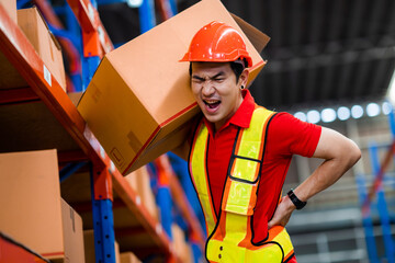 Worker with back pain while lifting boxes in a warehouse.