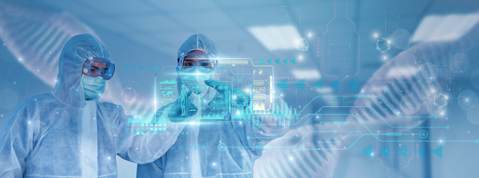 Doctor or scientist using smart tablet visual interface screen,information molecule,DNA helix structure,virus,stem cells,cell sample,concept healthcare,medical,science,technology,biology in laboratory - Powered by Adobe