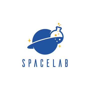 Spacelab, a planet with satelite from lab tube logo design