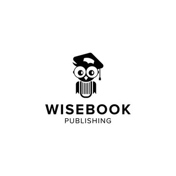Wisebook publishing logo, character owl from book wear graduation hat