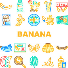 banana fruit food yellow white icons set vector. peel bunch, ripe fresh sweet, tropical healthy, green organic raw snack slice, delicious banana fruit food yellow white color line illustrations