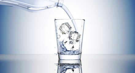 3D Pouring drinking water splashing flow few bubble in fresh clear glass on shiny gradient dark blue background