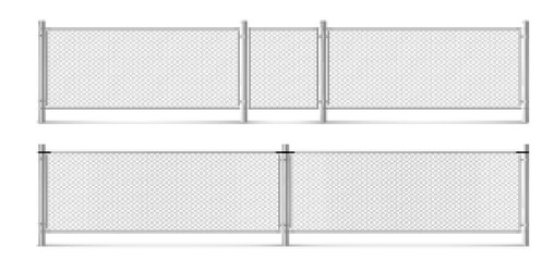 Fence mesh from wire, metal grid with gate. Steel fencing segments, prison perimeter protection barrier separated with poles, rabitz isolated on white background. Realistic 3d vector illustration