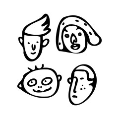 Cute head illustrations for profiles character design. Simple hand-drawn minimalist women's and men's heads