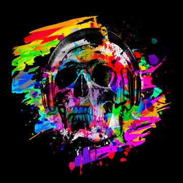 abstract artistic skull with headphones, graphic design concept