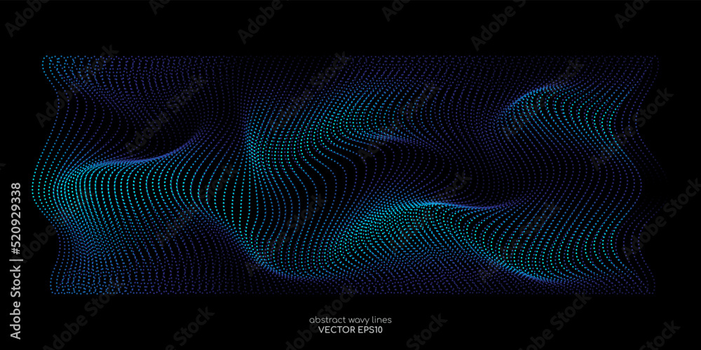 Poster Flowing dots particles wave pattern blue green gradient light isolated on black background. Vector in concept of technology, science, music, modern.