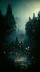 Obraz premium Realistic haunted forest creepy landscape at night. Fantasy Halloween forest background. Digital art.