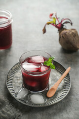 Healthy Beetroot juice, cold pressed juice, served in glass.