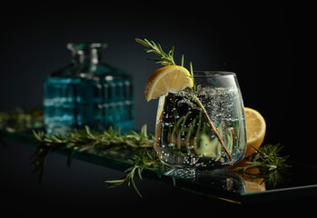 Gin tonic cocktail with lemon and rosemary. - obrazy, fototapety, plakaty