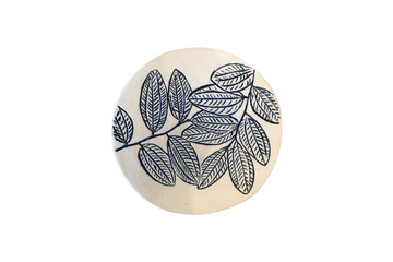 Blue Leaf Pattern Ceramic Coaster isolated on white background.