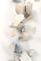 pieces of rock wall hanging in the air on white background. Construction and demolition.broken pieces stone rock. 3d rendering