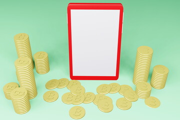 Mobile phone with lots of gold bitcoins lined up against green background, 3D render.