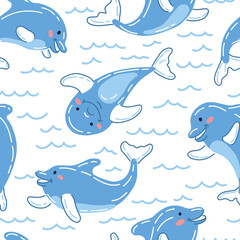 Childish Cute Dolphins Vector Seamless Pattern