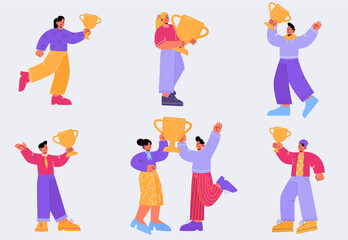 Happy people with gold cups, award trophies. Concept of business success, achievements and reward for win or best place. Vector flat illustration of characters with golden goblets