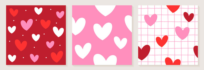 Cute Heart Valentine’s Love White Red Pink Color Confetti Flat Style Fabric Textile Grid Line Check Seamless Pattern Background Summer Spring Greeting Card Set Collection Bundle Vector Illustration