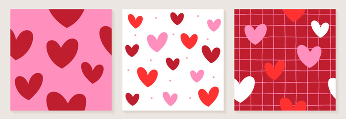 Cute Heart Valentine’s Love White Red Pink Color Confetti Flat Style Fabric Textile Grid Line Check Seamless Pattern Background Summer Spring Greeting Card Set Collection Bundle Vector Illustration