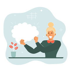 Chatting business women set. Modern yong women communicate with their colleagues. Beautiful female characters with speach bubbles. Vector set