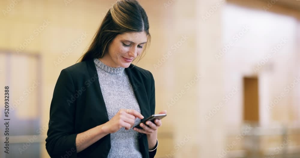 Poster business woman browsing on a phone, scrolling through social media or typing a text message online w