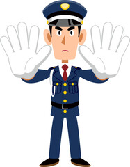 両手で制止する警備員の男性
