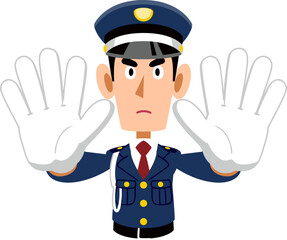 両手で制止する警備員の男性の上半身
