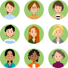様々な年代と人種の女性のアイコンセット
