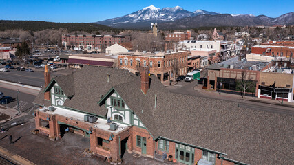 Morning aerial view of the historic downtown district of Flagstaff, Arizona, USA.