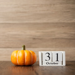 Happy Halloween day with pumpkin and 31 October calendar. Trick or Threat, Hello October, fall...
