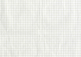 High resolution large image of a white uncoated checkered graph paper scan wrinkled weathered old...