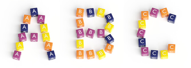 ABC text from colored cubes on white background. 3d illustration. Learn English concept.