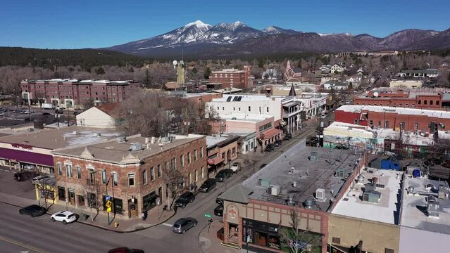Morning aerial view of the historic downtown district of Flagstaff, Arizona, USA.