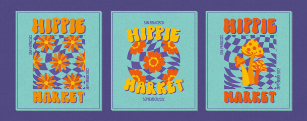 Fototapeta na wymiar Hippie funky vibe style template. Vintage 1960-1970. Hippy retro background. Symbol retro print.