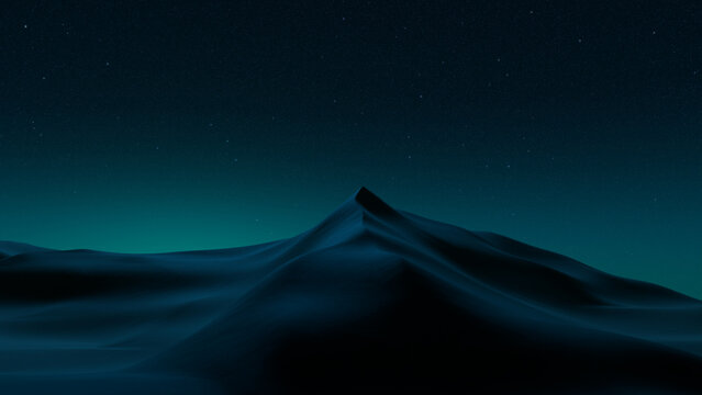 Undulating Sand Dunes form a Surreal Desert Landscape. Night Wallpaper with Green Gradient Starry Sky.