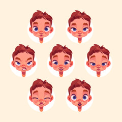 Little boy face with different emotions isolated on background. Vector cartoon set of cute child portraits with laugh, sad, angry, shy, surprise and cry and angry facial expression