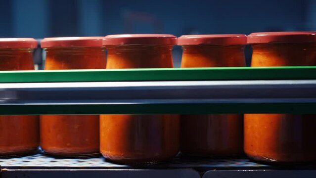Tomato canning plant. Jars of food on the conveyor.Automatic Line for Processing of tomato Vegetables. Preserving Tomatoes. Glass jars with Tomatoes on a Conveyor belt.CloseUp.4K