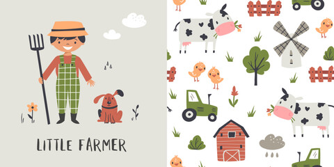 Fototapeta premium Little farmer pattern with cow, seamless background, and kids print. Vector card for childish bedding, fabric, wallpaper, wrapping paper, textile, t-shirt