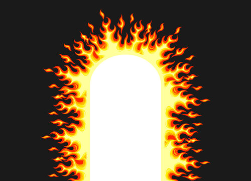 Door flames illustration. Isolated on black background. Realstic orange fire. Vector eps 10. Fit for background, banner, comic, poster, ornament.