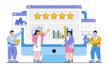 Online reputation management, analyze feedback, strategy to increase satisfaction and gain customer trust concepts. Marketing team monitoring stars rating to develop and improve brand positive rank