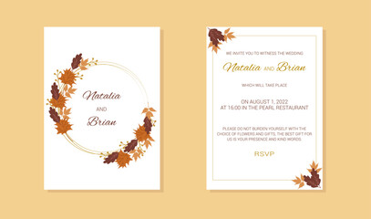 Naklejka na ściany i meble wedding invitation with frame oak maple leaves twigs
