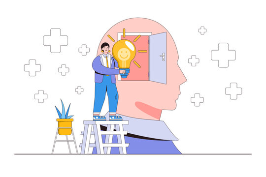 Positive thinking mindset, optimistic or good attitude bring success to work, always have solution in mind for any issues concepts. Businessman insert bright lightbulb with smile symbol into his head
