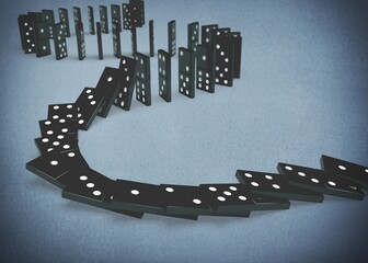 Black dominoes chain on a dark table. Domino effect concept